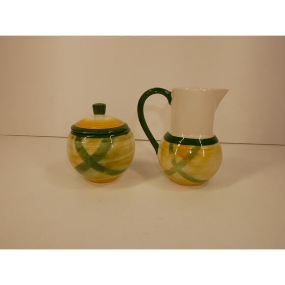 Vernonware Gingham Green Lidded Sugar Bowl And Creamer Set Hand Painted Vintage - Picture 3 of 13